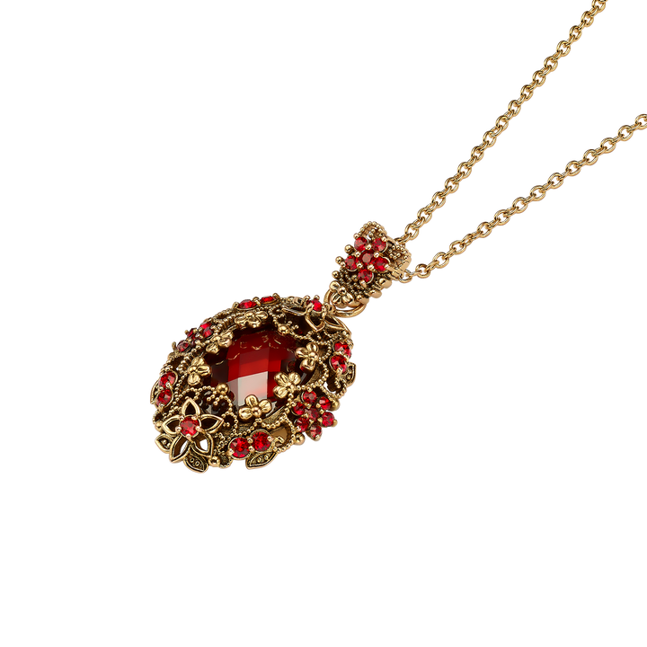 18K Gold Plated Necklace with Oval Red Zirconia Pendant L - Heritage - 3