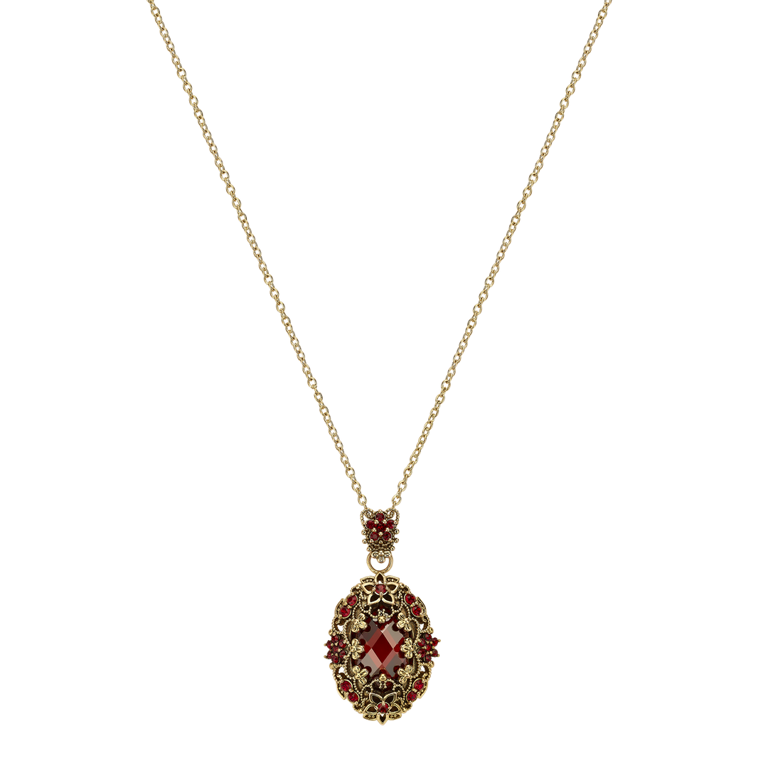 18K Gold Plated Necklace with Oval Red Zirconia Pendant L - Heritage - 4