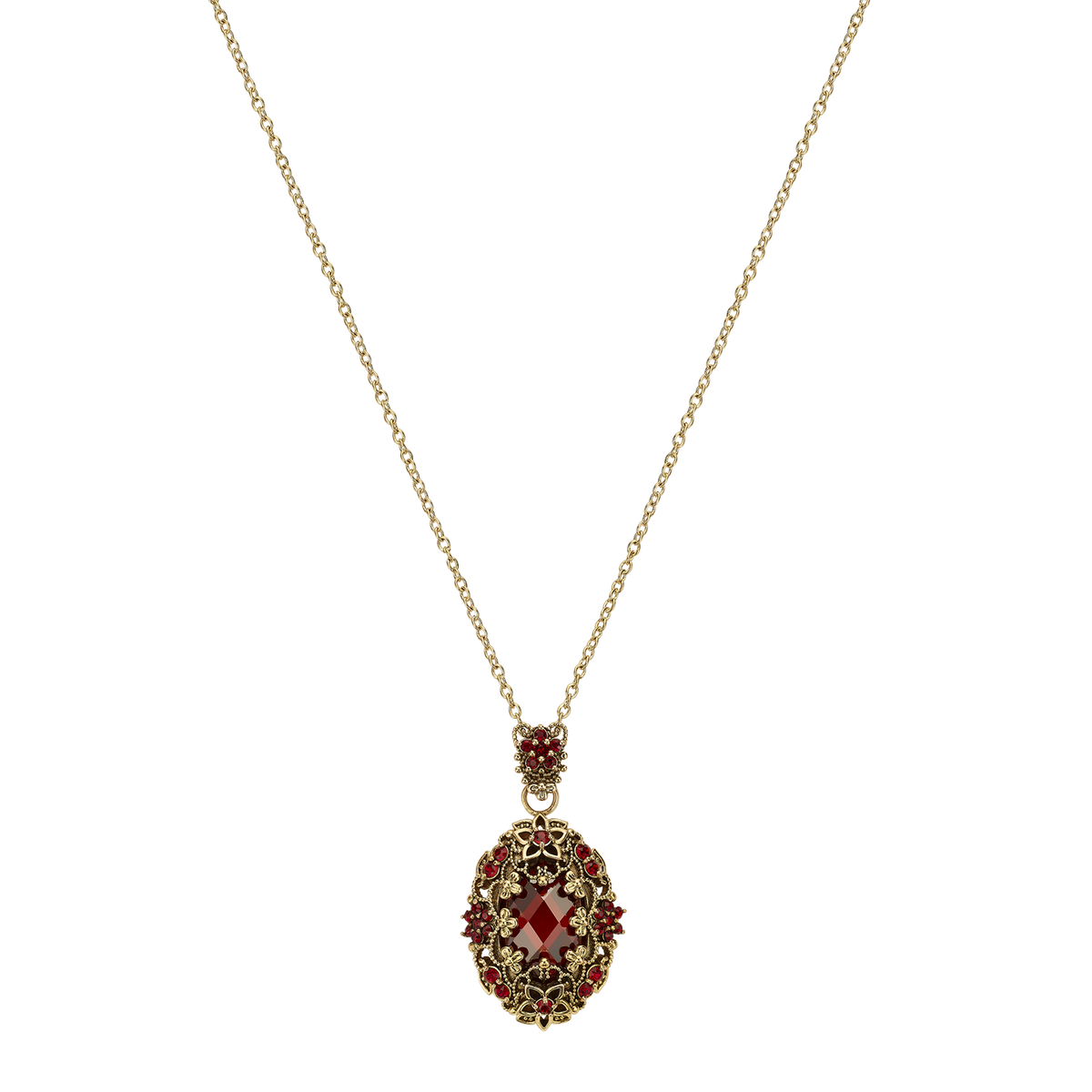 18K Gold Plated Necklace with Oval Red Zirconia Pendant L - Heritage - 4
