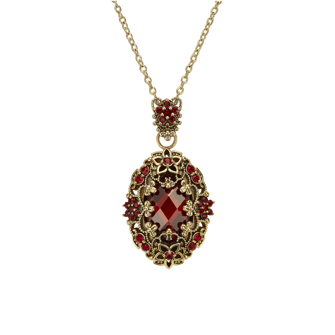 18K Gold Plated Necklace with Oval Red Zirconia Pendant L - Heritage