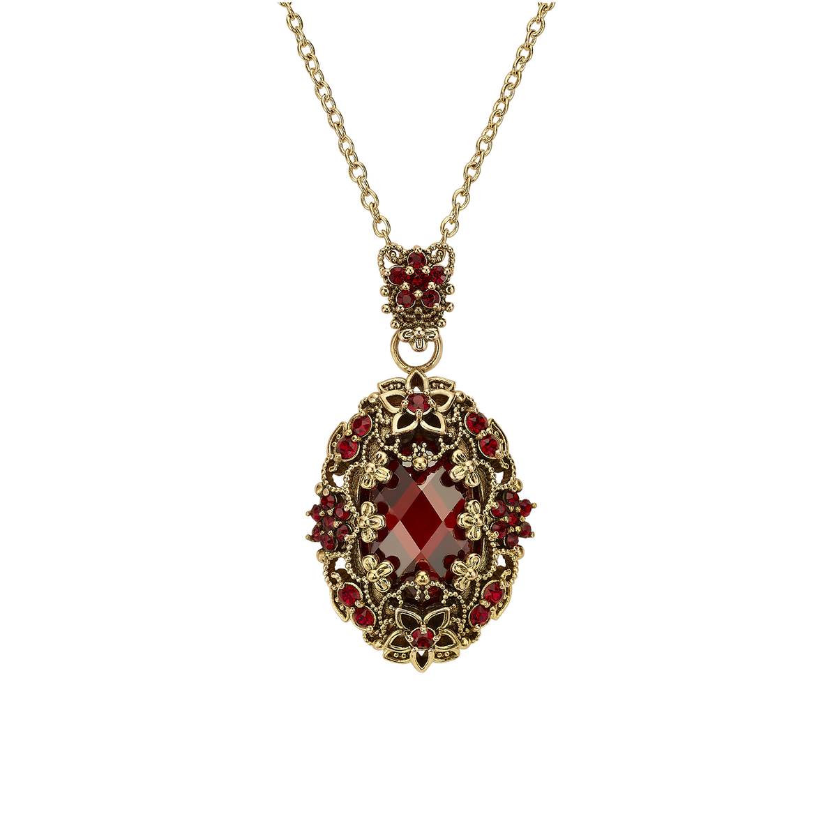 18K Gold Plated Necklace with Oval Red Zirconia Pendant L - Heritage