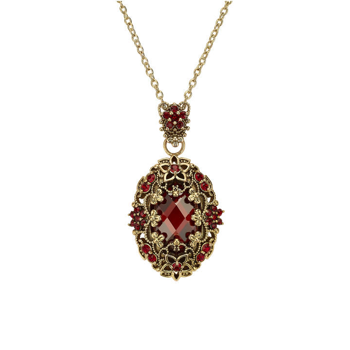 18K Gold Plated Necklace with Oval Red Zirconia Pendant L - Heritage