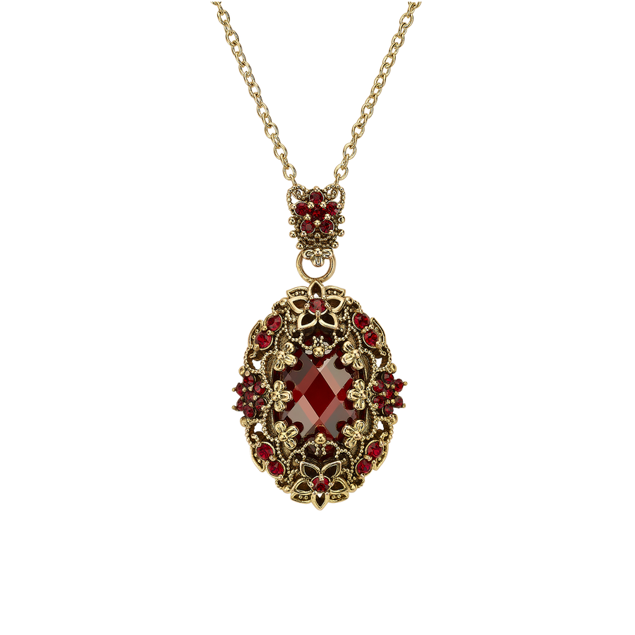 18K Gold Plated Necklace with Oval Red Zirconia Pendant L - Heritage