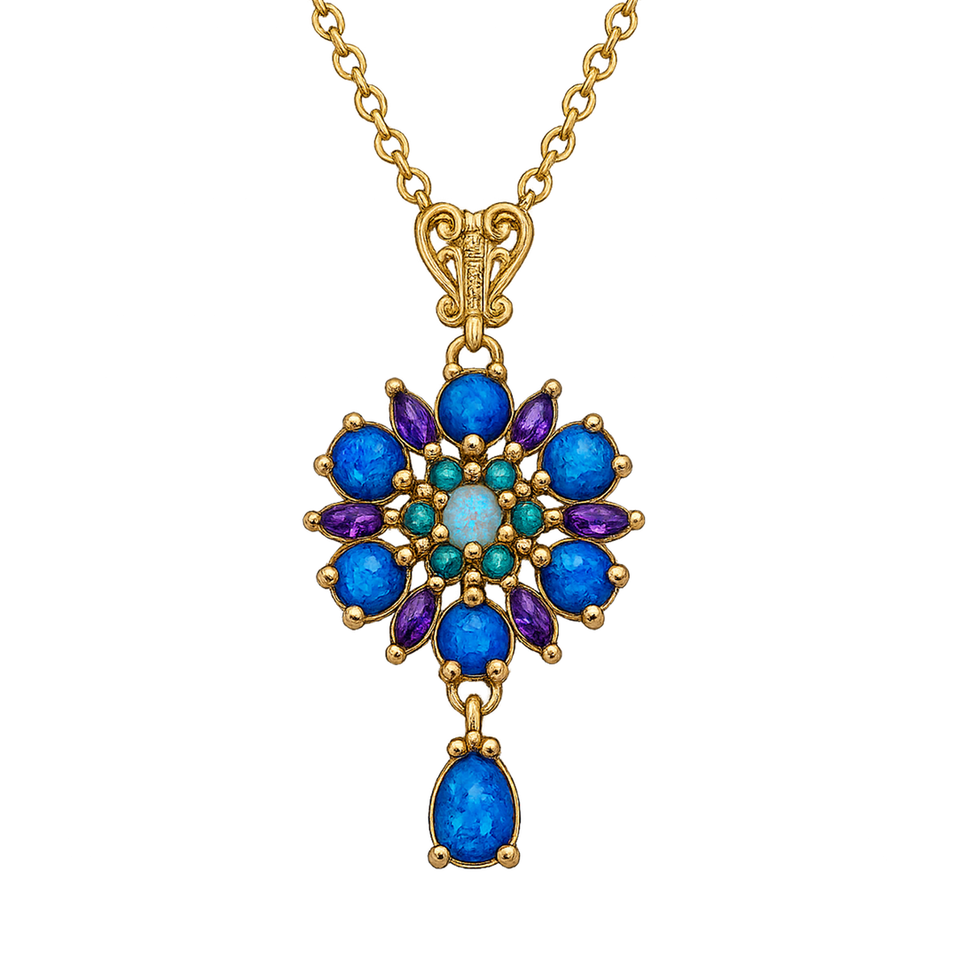 24K Gold Plated Flower Necklace with Blue-Purple Lab-Created Opal - Heritage