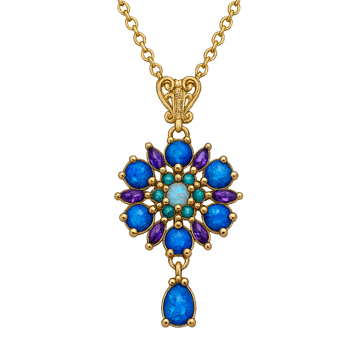 24K Gold Plated Flower Necklace with Blue-Purple Lab-Created Opal - Heritage