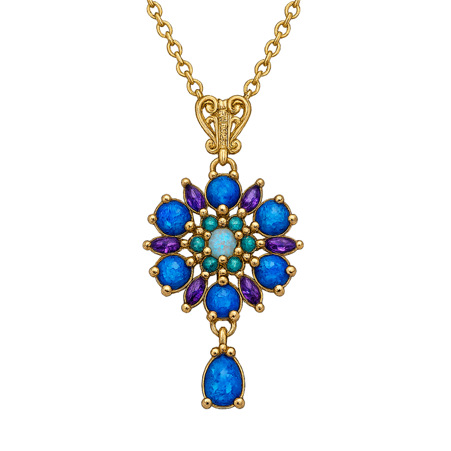 24K Gold Plated Flower Necklace with Blue-Purple Lab-Created Opal - Heritage