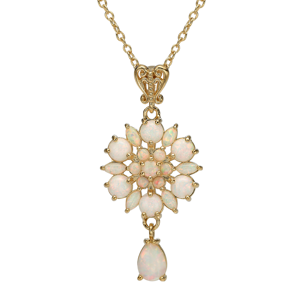 24K Gold Plated Flower Necklace with White Lab Opal - Heritage