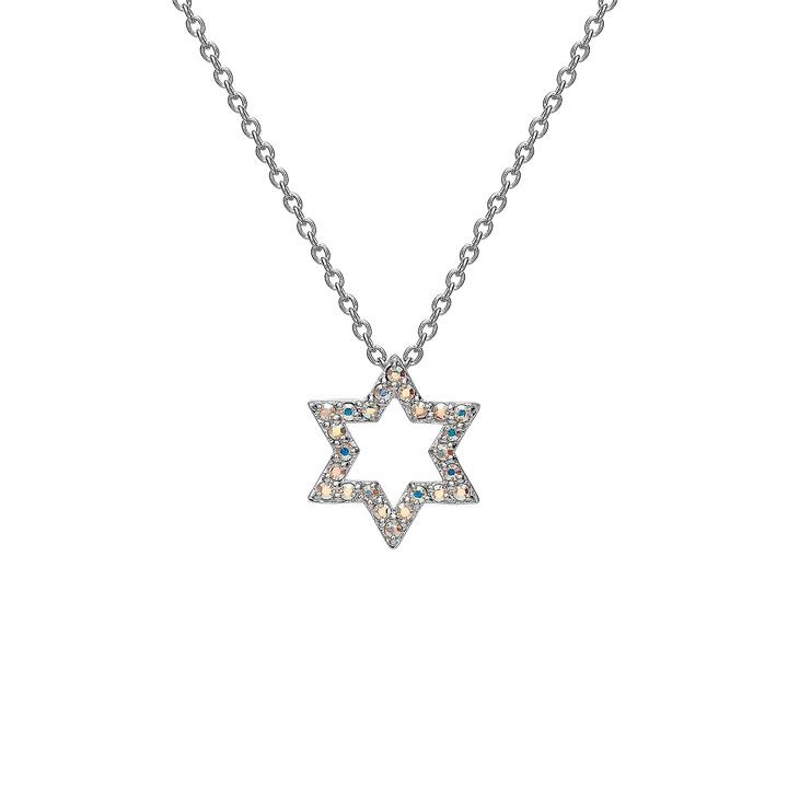 Rhodium Plated Star of David Necklace with Zirconia Stones
