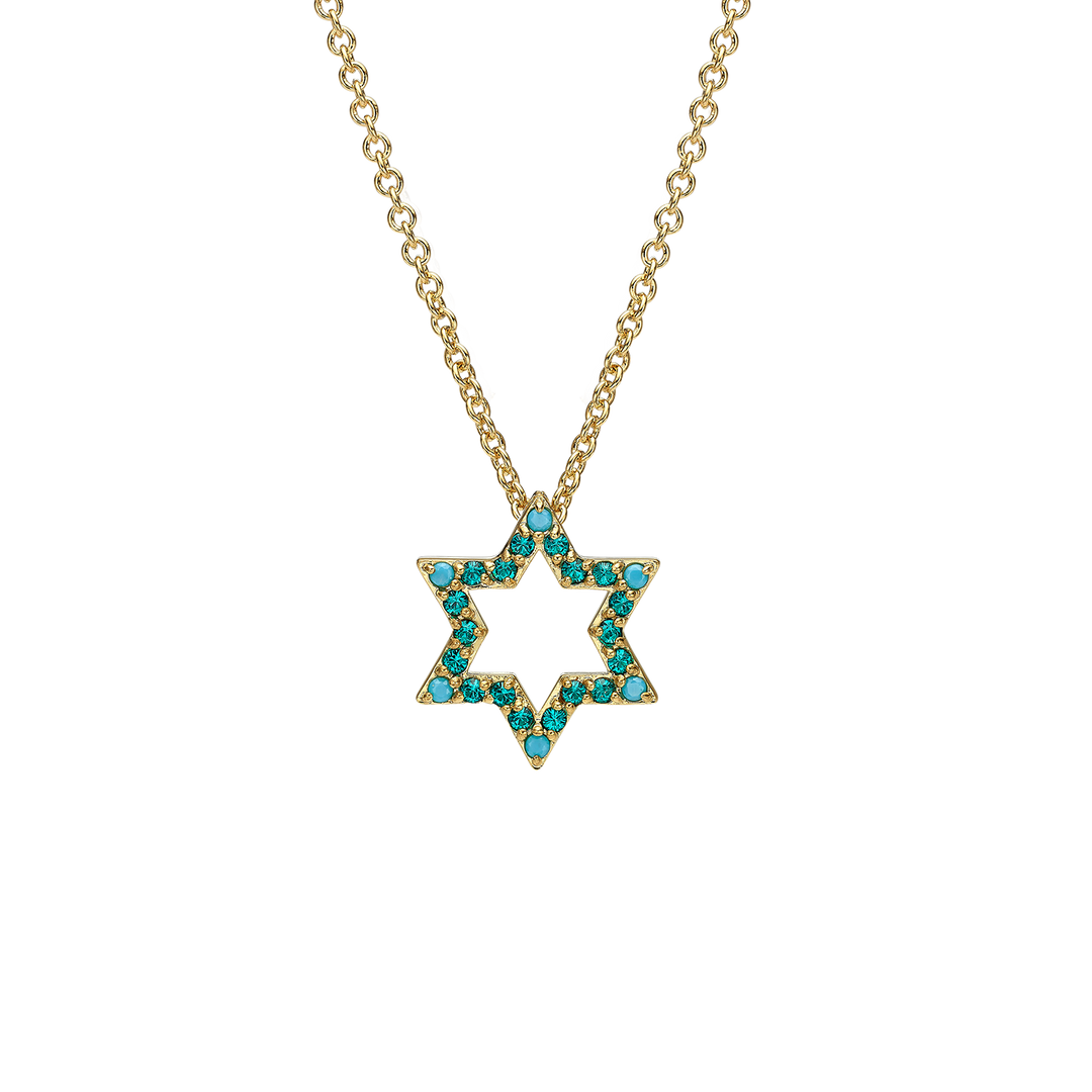 18K Gold Plated Star of David Necklace with Blue Zirconia Stones