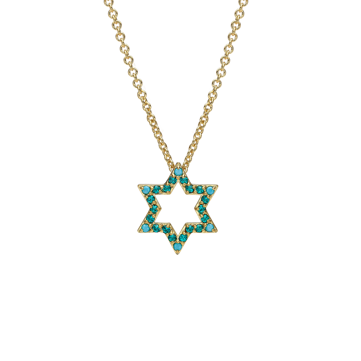 18K Gold Plated Star of David Necklace with Blue Zirconia Stones