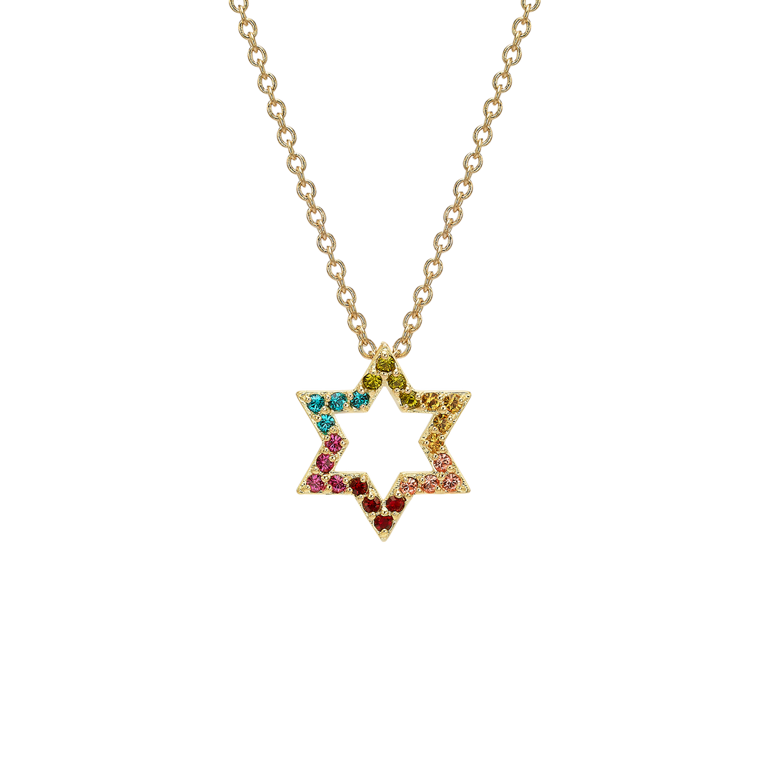 18K Gold Plated Star of David Necklace with Colorful Zirconia Stones