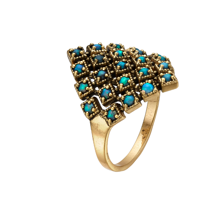 18K Vintage Gold Plated Ring with Small Diamond-Shape &amp; Synthetic Opal - Volver
