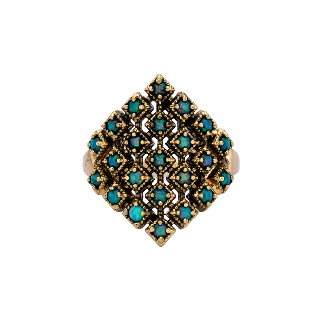 18K Vintage Gold Plated Ring with Small Diamond-Shape &amp; Synthetic Opal - Volver - 3