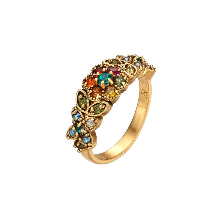 18K Vintage Gold Plated Ring with Flowers &amp; Zirconia - Volver