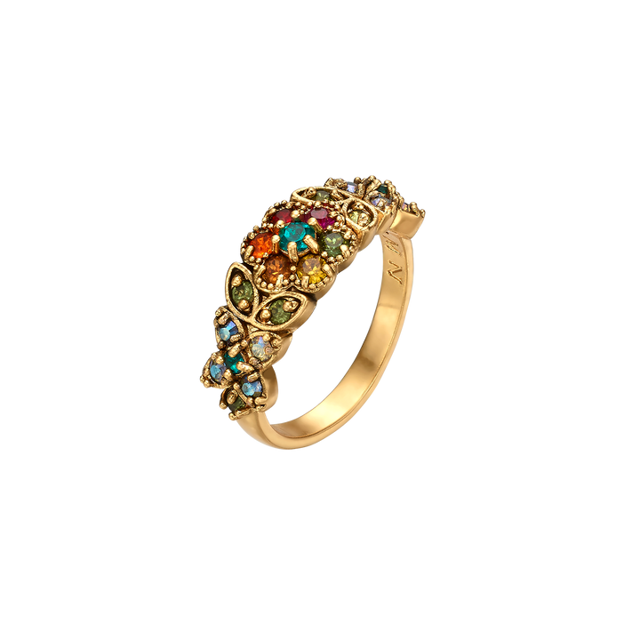 18K antique gold plated gold ring with flowers inlaid with zircons Volver 