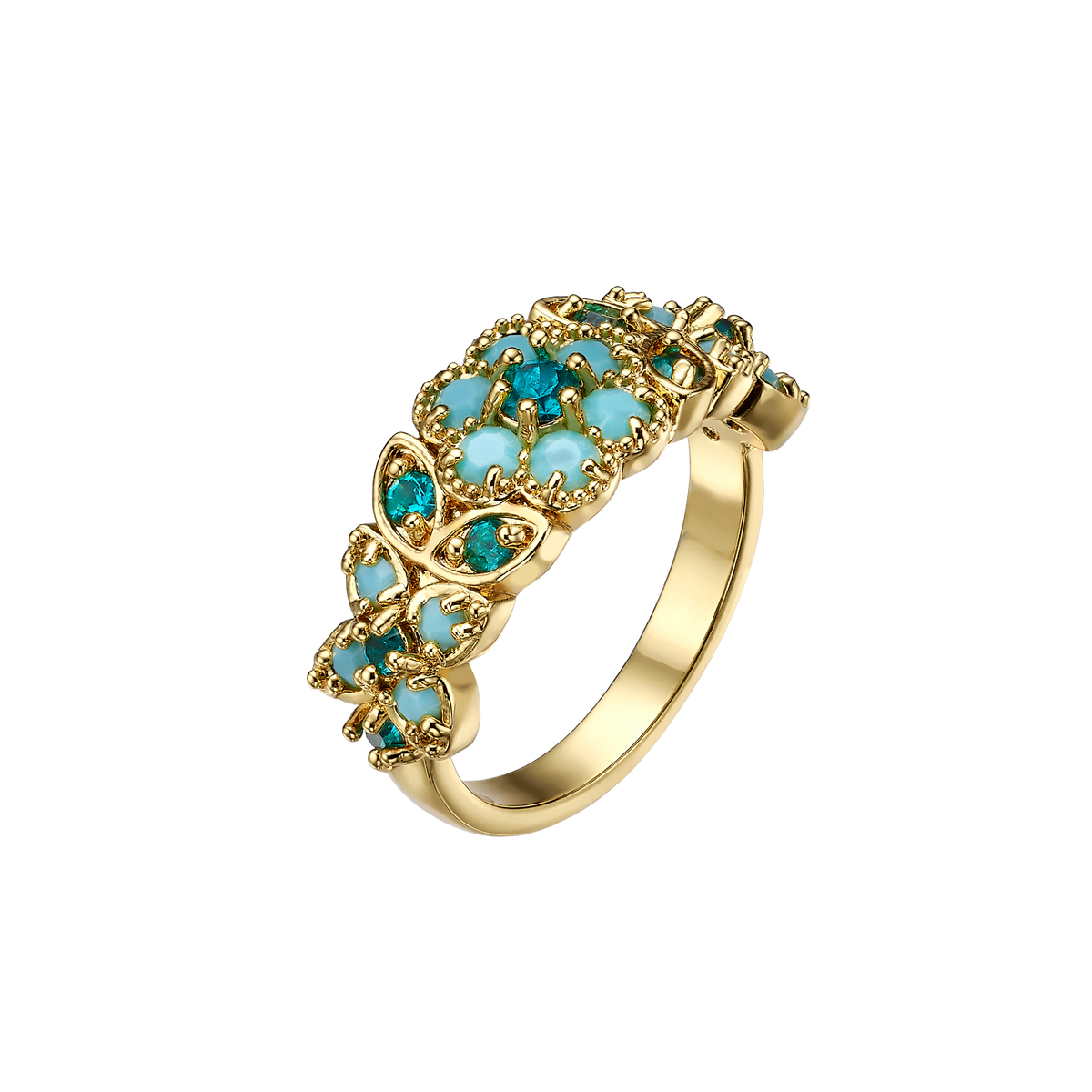 18K Gold Plated Ring with Flowers & Turquoise - Volver