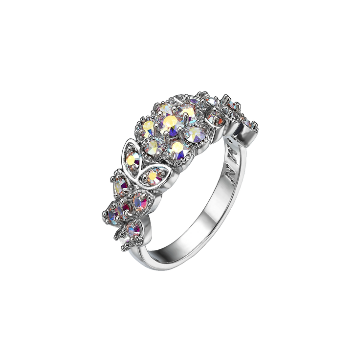 Rhodium Plated Ring with Flowers &amp; Zirconia - Volver