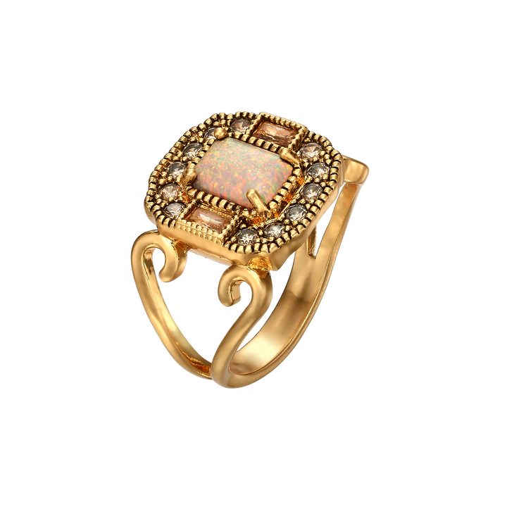 18K Vintage Gold Plated Rectangle Ring with Zirconia &amp; Synthetic Opal - Volver