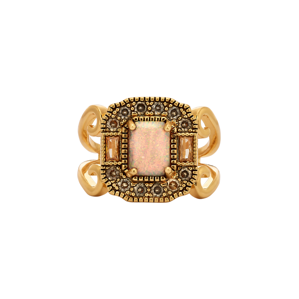 18K Vintage Gold Plated Rectangle Ring with Zirconia & Synthetic Opal - Volver - 2