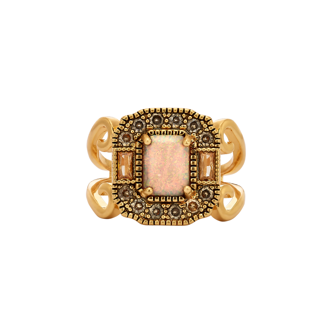 18K Vintage Gold Plated Rectangle Ring with Zirconia &amp; Synthetic Opal - Volver - 2