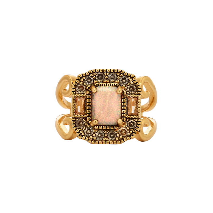 18K Vintage Gold Plated Rectangle Ring with Zirconia &amp; Synthetic Opal - Volver - 2