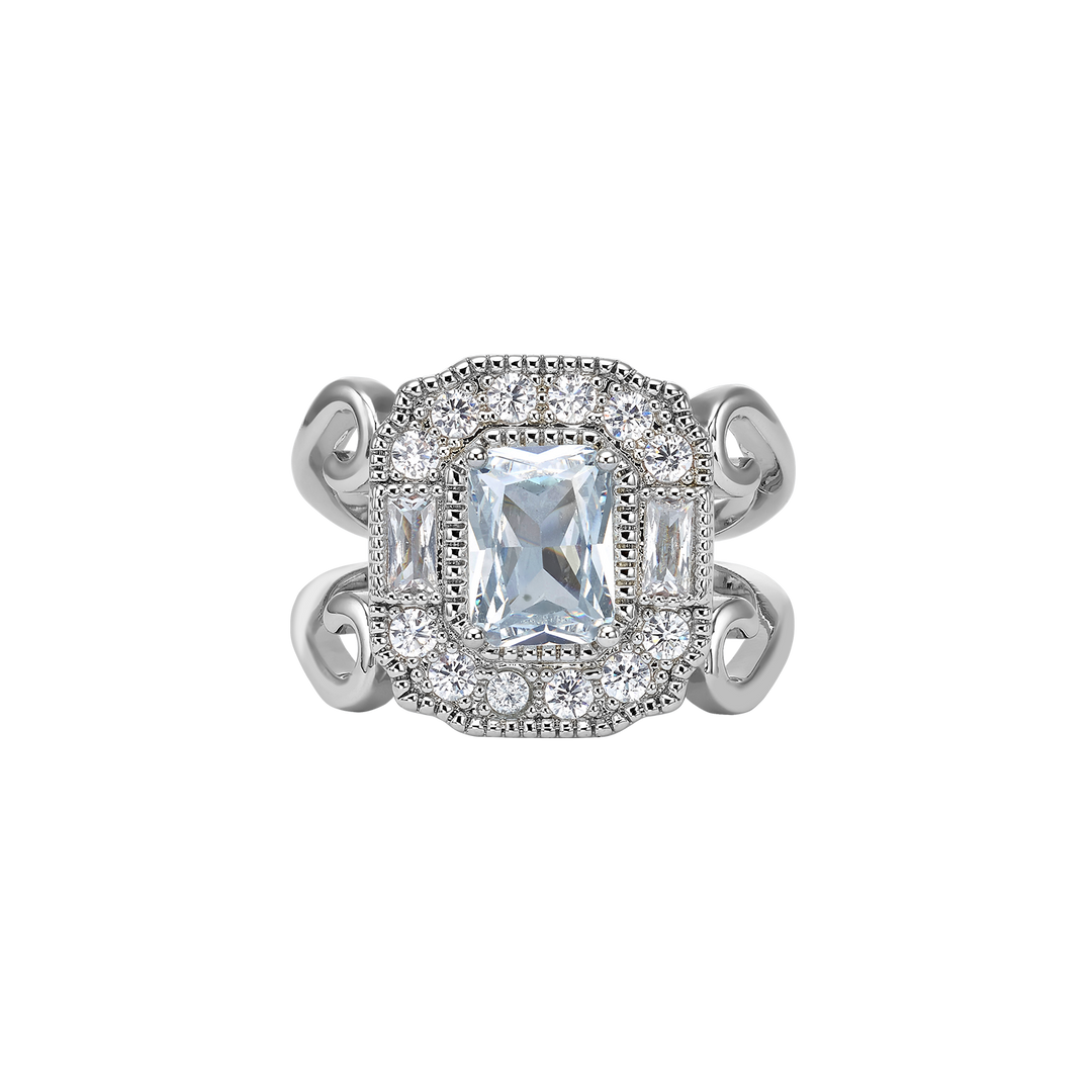 Rhodium-plated ring with a rectangle set with zircons Volver 