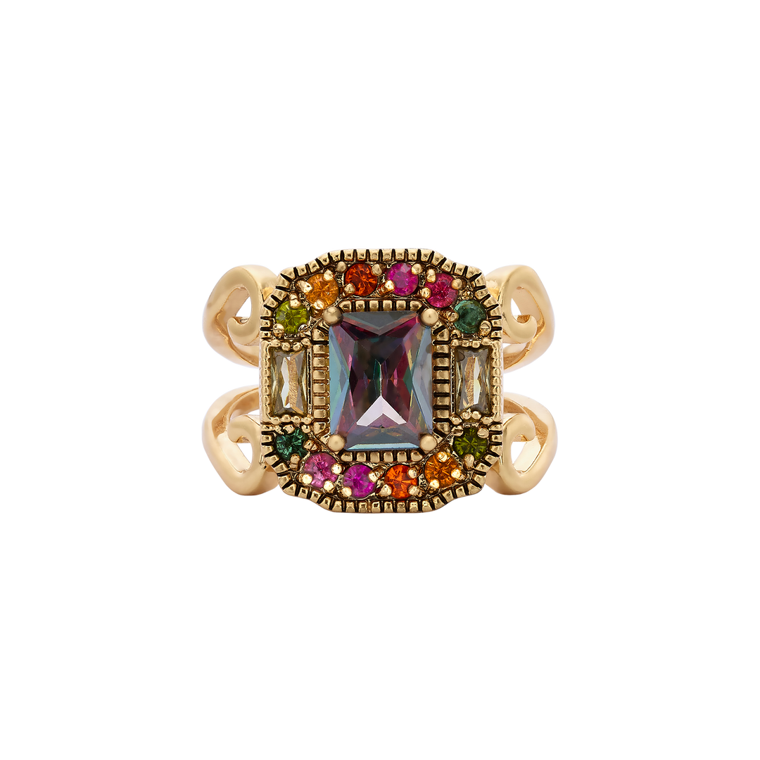 18K Antique Gold Plated Rectangle Ring with Zirconias Volver 