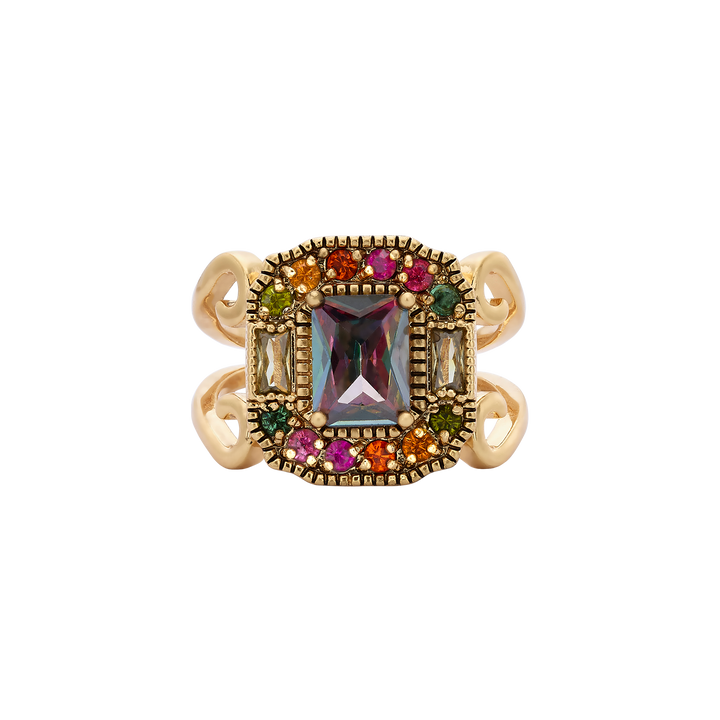 18K Antique Gold Plated Rectangle Ring with Zirconias Volver 