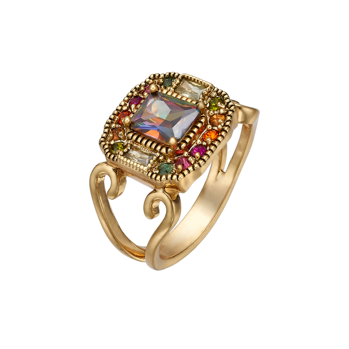 18K Antique Gold Plated Rectangle Ring with Zirconias Volver 