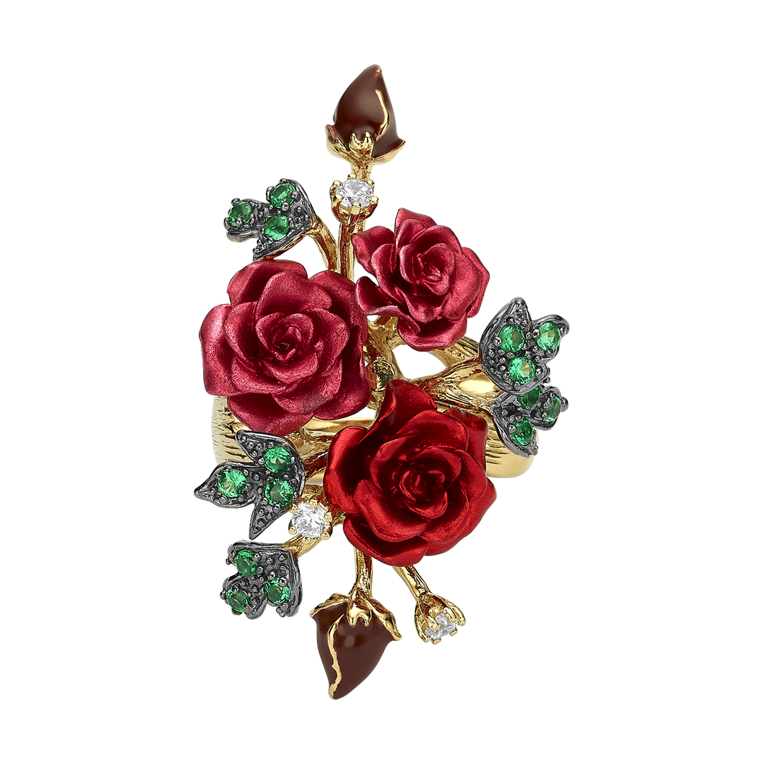 Floral Ring with Nano Ruby &amp; Enamel Finish - Monarchy - 3