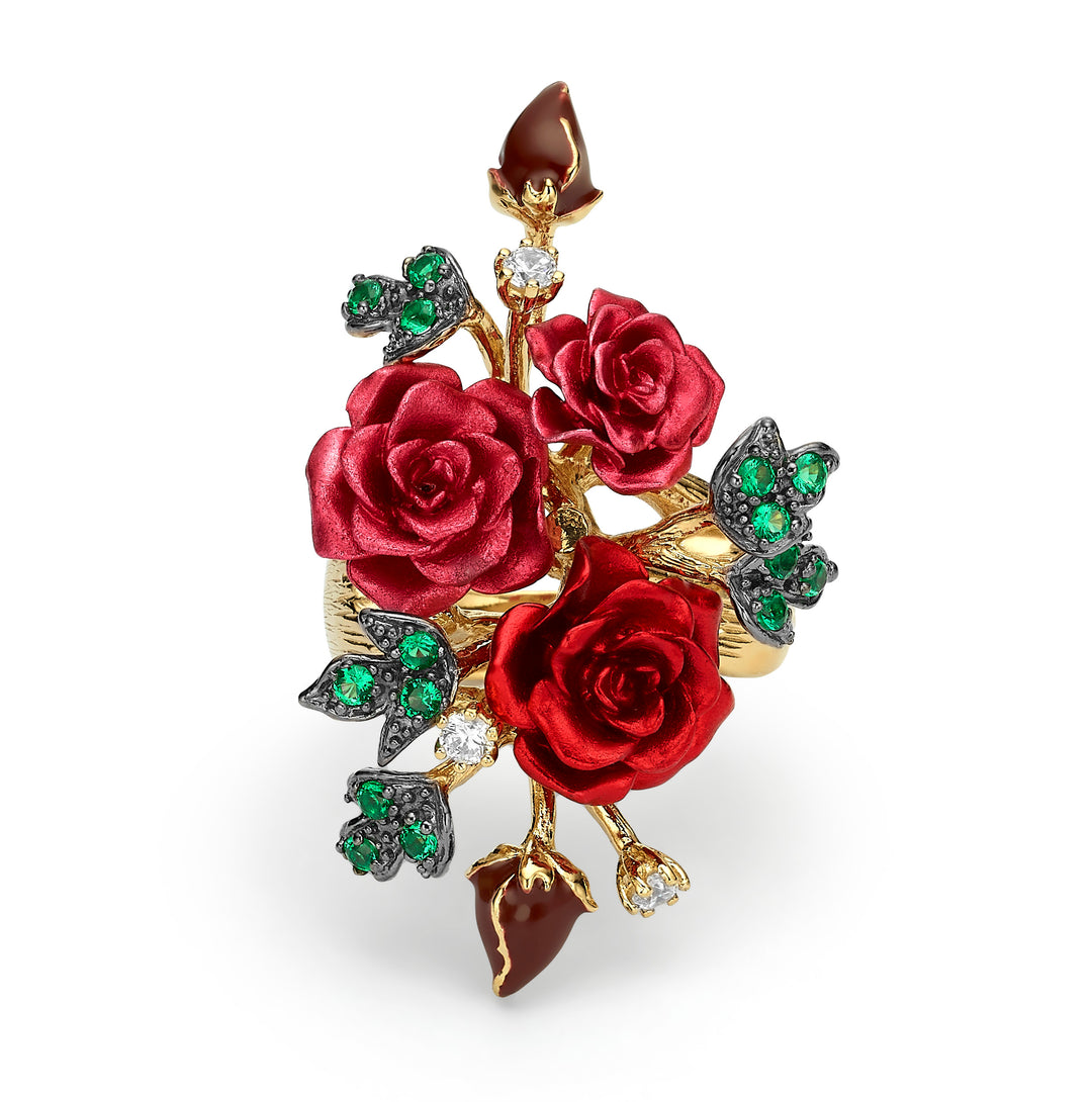 Flower ring with nano-set ruby ​​sital inlay and enamel finish Monarchy 