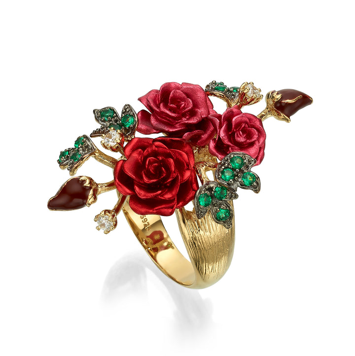 Flower ring with nano-set ruby ​​sital inlay and enamel finish Monarchy 