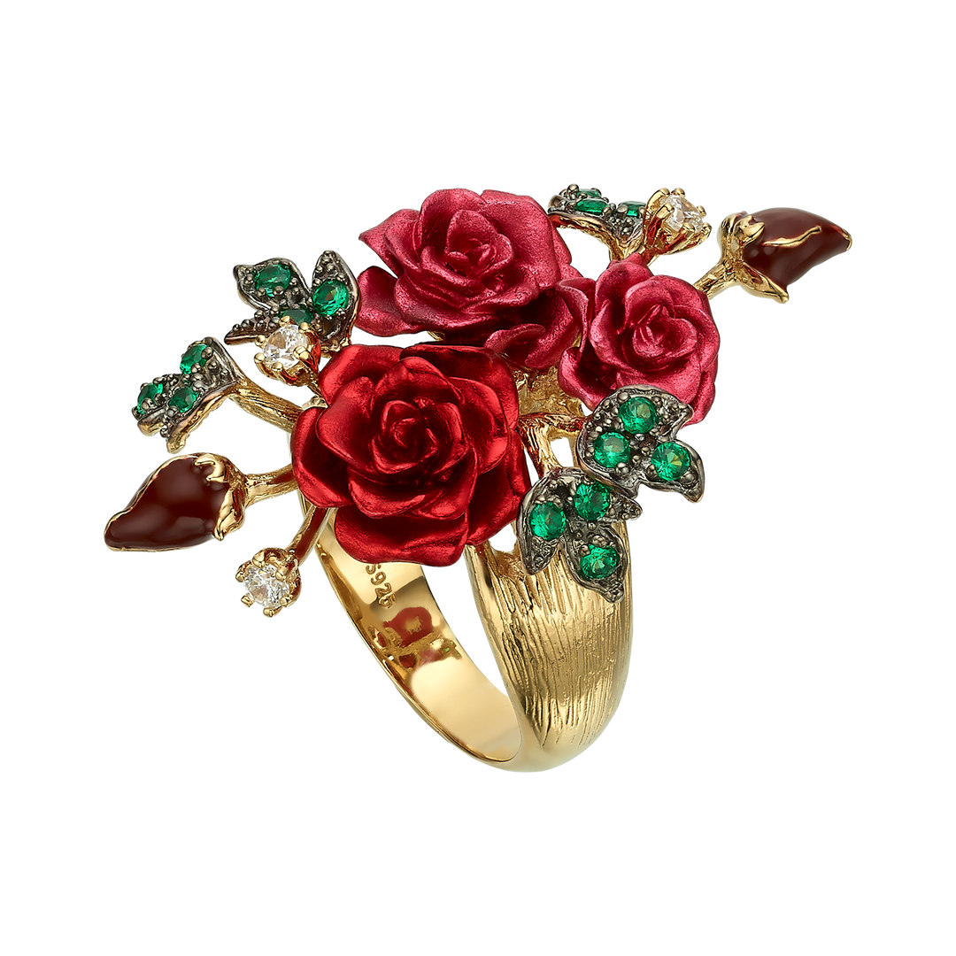 Floral Ring with Nano Ruby &amp; Enamel Finish - Monarchy - 6