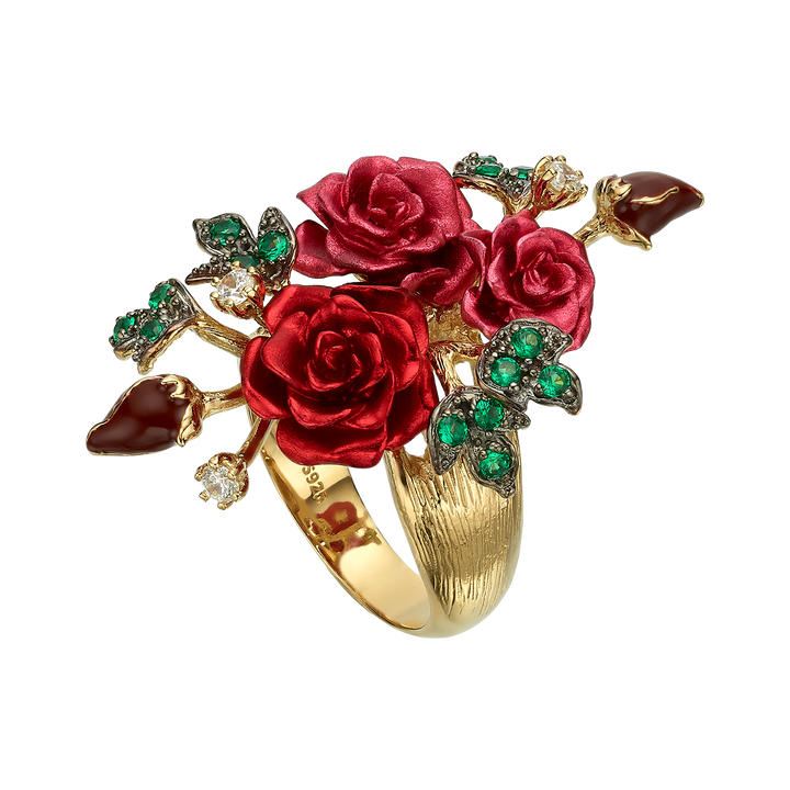 Floral Ring with Nano Ruby &amp; Enamel Finish - Monarchy - 6