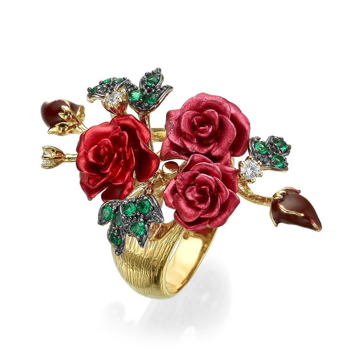 Flower ring with nano-set ruby ​​sital inlay and enamel finish Monarchy 