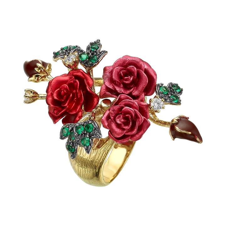 Floral Ring with Nano Ruby &amp; Enamel Finish - Monarchy
