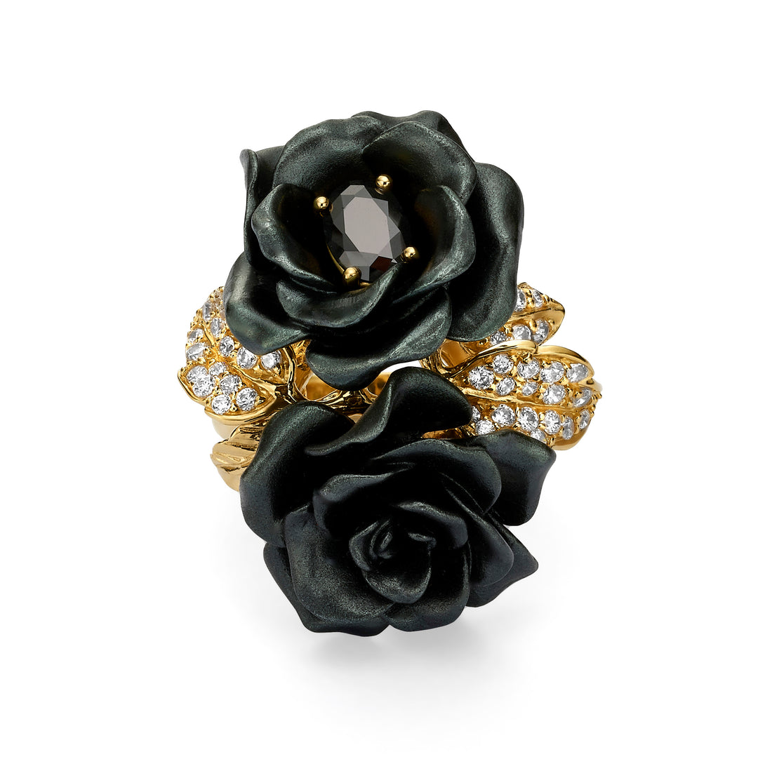 Flower ring with nano-set ruby ​​sital inlay and enamel finish Monarchy 