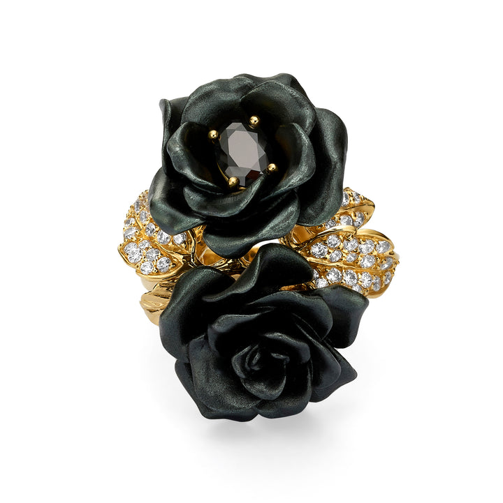 Flower ring with nano-set ruby ​​sital inlay and enamel finish Monarchy 
