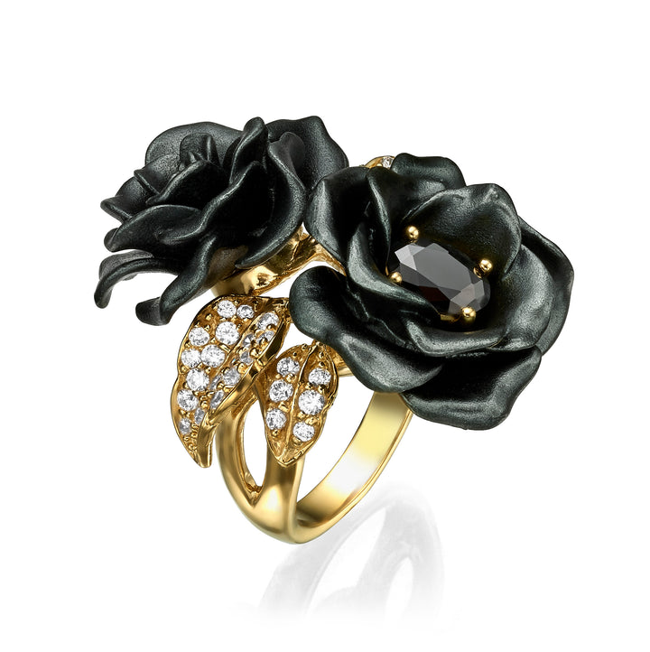 Flower ring with nano-set ruby ​​sital inlay and enamel finish Monarchy 