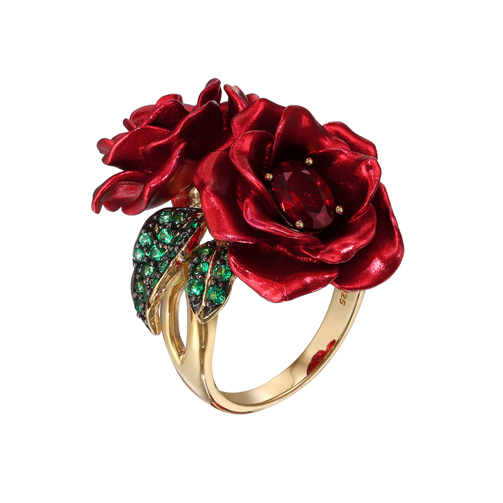 Floral Ring with Nano Ruby &amp; Enamel Finish - Monarchy