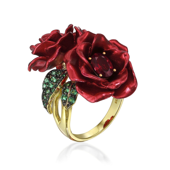 Flower ring with nano-set ruby ​​sital inlay and enamel finish Monarchy 