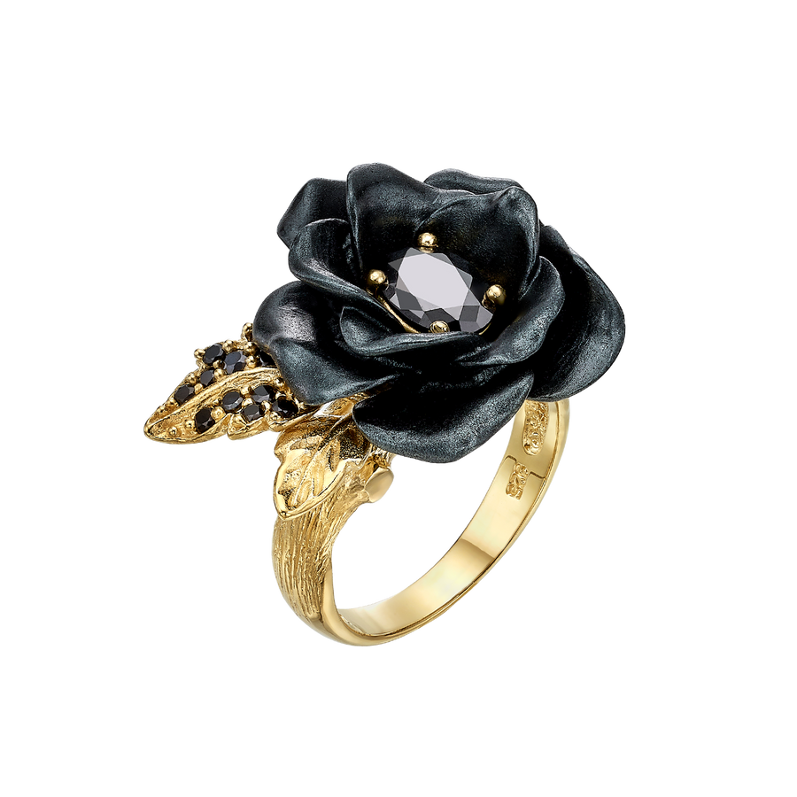 Flower Ring with Black CZ Stone & Enamel Finish - Monarchy