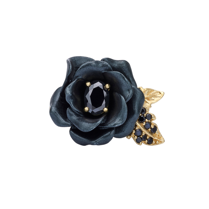 Flower Ring with Black CZ Stone &amp; Enamel Finish - Monarchy - 2