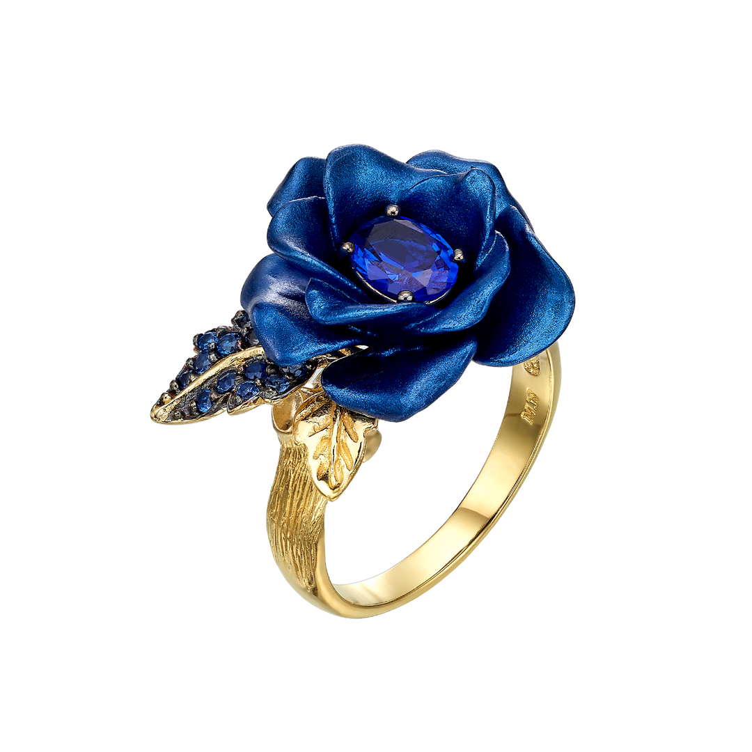 Flower Ring with Blue CZ Stone & Enamel Finish - Monarchy
