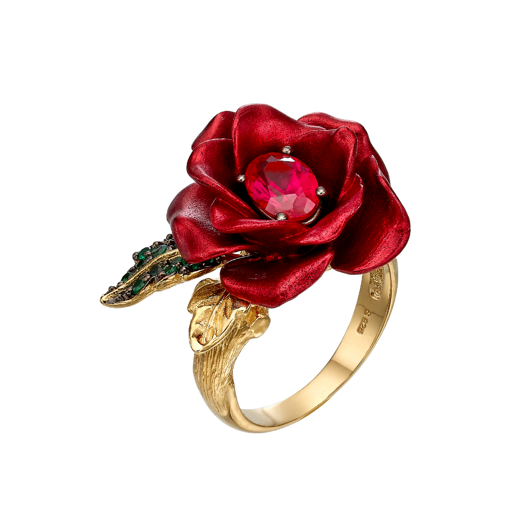 Flower Ring with Nano-sital Ruby & Enamel Finish - Monarchy
