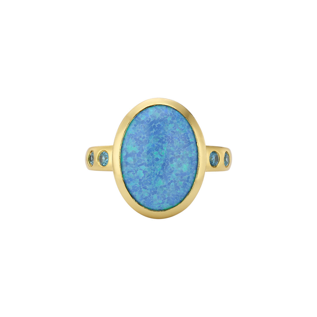18K Gold Plated Ring with Blue Mare Synthetic Opal Stones 