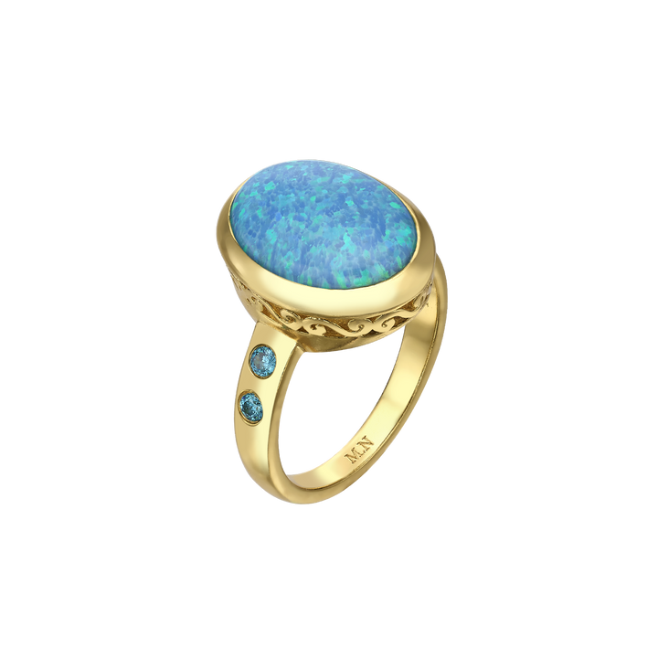 18K Gold Plated Ring with Blue Mare Synthetic Opal Stones 
