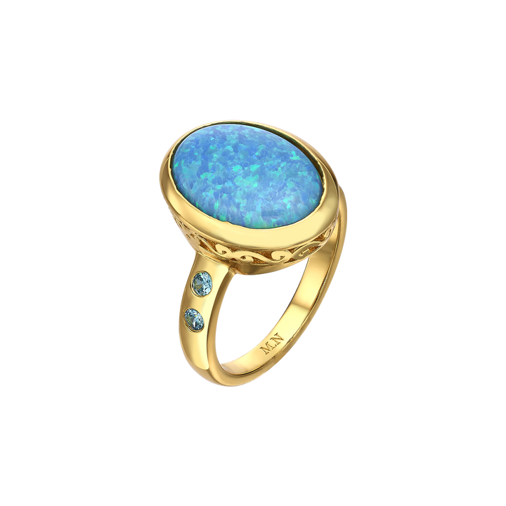 24K Gold Plated Ring with Blue Mare Synthetic Opal Stones 