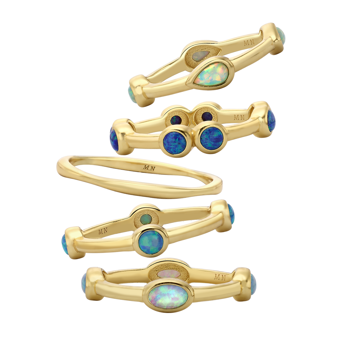 Set of 5 18K/24K Gold Plated Rings with Synthetic Opal - Mare - 3