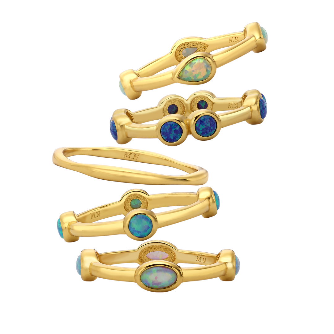 Set of 5 18K/24K Gold Plated Rings with Synthetic Opal - Mare - 18